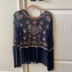 Zara - Embroidered navy blue top